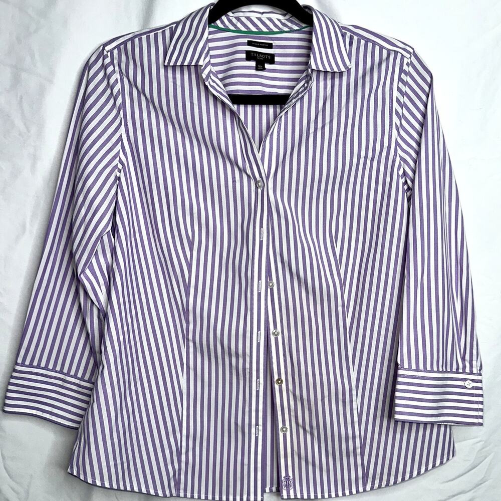 Talbots Womens Size 10p Purple White Striped Long Sleeve Collar Button Up Blouse